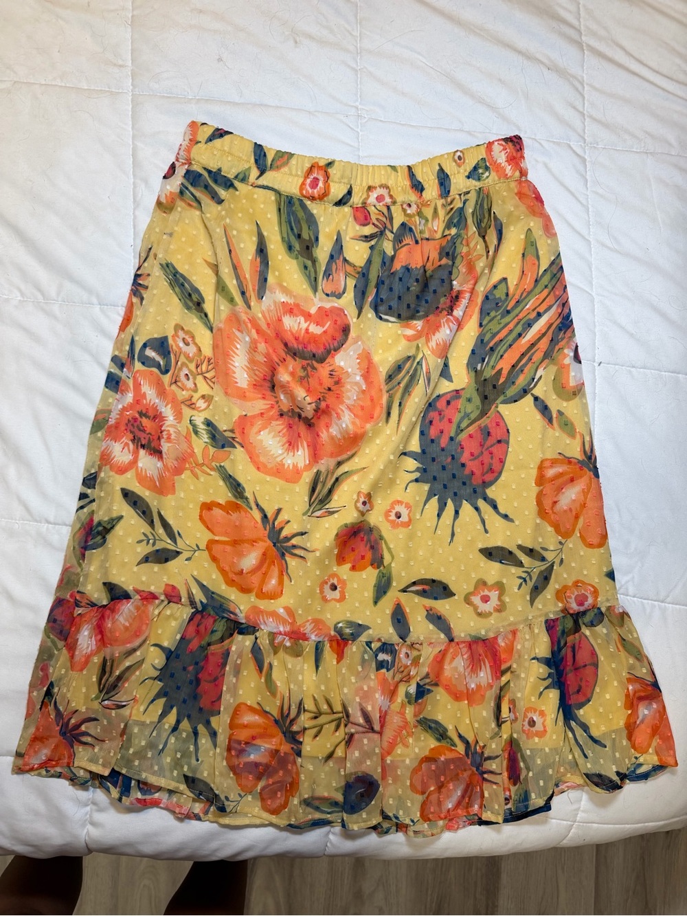 new directions Yellow Floral Midi Skirt with Orange and Blue Accents
